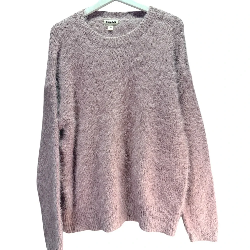 Open Edit Eyelash Knit Sweater Womens L Pink Fuzzy Pullover Crew Neck Cozy Soft